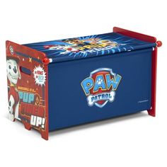 a toy chest with paw patrol stickers on the front and sides, sitting upright against a white background