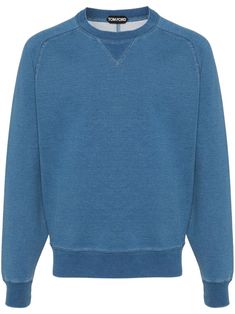 medium blue cotton blend jersey texture ribbed crew neck long raglan sleeves small logo-patch detail to the hem ribbed cuffs French terry lining Washed Blue Sweatshirt With Ribbed Cuffs, Blue Crew Neck Sweater With Ribbed Neckline, Blue Crew Sweater With Ribbed Neckline, Cotton Sweatshirt With Ribbed Cuffs In Washed Blue, Classic Crew Sweats With Ribbed Cuffs, Crew Neck Sweatshirt With Ribbed Waistband, Cotton Crew Sweater With Ribbed Waistband, Blue Cotton Sweater With Ribbed Neckline, Sporty Sweatshirt With Raglan Sleeve And Ribbed Cuffs