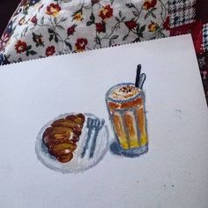 a drawing of food and drink sitting on top of a table