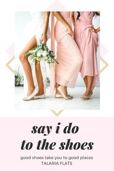 two women in pink dresses standing next to each other with the words say i do to the