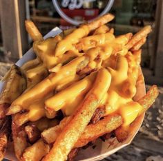 french fries covered in cheese sitting on top of a white plate