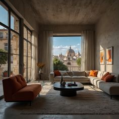 a living room filled with lots of furniture and large windows overlooking an old cityscape