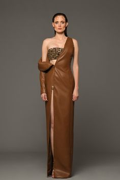 Brown leather dress with crystal cropped top and deconstructured sleeve - HerTrove Luxury Fitted Evening Dress With Draped Sleeves, Luxury Fitted Dresses With Draped Sleeves, Fall Evening Dress With Structured Boning, Luxury Leather Dresses For Formal Occasions, Luxury Dresses For Fashion Events, Luxury Brown Party Dress, Luxury Leather Dress For Night Out, Chic Leather Evening Dresses, R Design