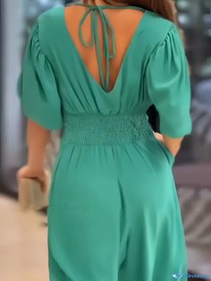 Orcajump - Solid Pleated V-neck Loose Jumpsuit, Elegant Puff Sleeve Jumpsuit For Spring & Summer, Women's Clothing Green Jumpsuit With Smocked Back, Elegant V-neck Ruffled Jumpsuits And Rompers, Chic Jumpsuits And Rompers With Smocked Back And V-neck, Chic V-neck Jumpsuits And Rompers With Smocked Back, Spring V-neck Jumpsuits And Rompers With Smocked Back, Spring Jumpsuits And Rompers With Smocked Back And V-neck, Fitted V-neck Jumpsuits And Rompers With Smocked Back, Summer V-neck Jumpsuit With Ruffles, Green V-neck Jumpsuit For Summer