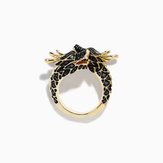 Effy Safari 14K Yellow Gold Black Diamond Double Headed Dragon Ring Fine Jewelry Black Ring Stamped 14k, Black Enamel Fine Jewelry, Anniversary Fine Jewelry With Black Enamel, Black Multi-stone Round Rings, Fine Jewelry Black 14k Gold Ring, Black Multi-stone Rings For Anniversary, Black Multi-stone Anniversary Rings, Black 14k Stamped Jewelry For Gift, Black 14k Stamped Jewelry As Gift