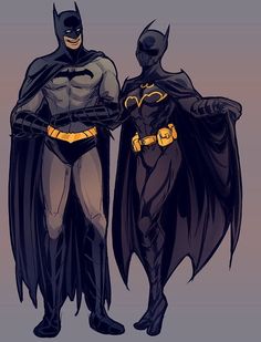 two batmans standing next to each other in front of a purple background and one is wearing