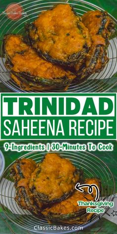 the cover of trimdad saheea recipe, with two images of stuffed eggplant