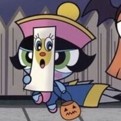 an animated character with a pumpkin in front of a fence and a cat on the ground