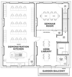 the floor plan for a restaurant with seating areas and tables, as well as an open kitchen