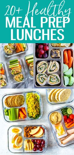 healthy meal prep lunches in plastic containers with text overlay that reads 20 healthy meal prep lunches