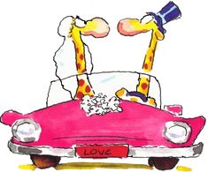 a giraffe riding in the back of a pink car