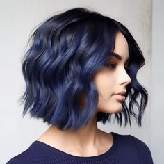 Deep Navy Blue Lob with Wavy Ends Navy Hair Color, Pixie Hair Color, Black Pixie Cut, Midnight Blue Hair, Navy Blue Hair, Navy Hair, Short Hair Highlights, Short Dark Hair, Diy Hair Color