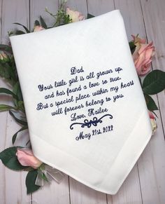 Father of the Bride Gift from his daughter.   A beautiful, high quality, embroidered cotton  handkerchief for the Bride's Father from his Daughter, that can be gifted at the rehearsal dinner or on the wedding day before he walks you down the aisle! The Father of the Bride will surely appreciate such a lovely and heartfelt gift to wipe away his happy tears, and this makes a perfect keepsake for years to come to remember the very special and memorable day! A perfect gift for the Father of the Bride! All of my hankies are embroidered (no ink printing here!) For the personalization, please be sure to include whom it's for, whom it's from and the date (optional). I will copy and past to prevent errors when embroidering, so please double check (especially the date).  This handkerchief is embroid Personalized Cotton Handkerchiefs, White Embroidered Handkerchiefs For Special Events, Cotton Handkerchiefs With Embroidered Text For Gift, Embroidered Text Cotton Handkerchiefs For Gifts, Cotton Handkerchiefs With Embroidered Text As Gift, Cotton Handkerchief With Machine Embroidery For Gift, Embroidered Cotton Handkerchiefs As Gifts, Mother's Day White Cotton Handkerchiefs, White Cotton Handkerchiefs For Mother's Day