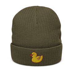 Yellow Duck Embroidered Ribbed Knit Beanie, Kawaii Baby Ducky, Adult Winter Hat, Toy Rubber Duck Hat, Cute Gift For Duck And Nature Lovers. You can't go wrong with the ribbed knit beanie! It's stylish, warm, and fitting for most clothing styles and head sizes. * 50% recycled polyester and 50% acrylic * Double layer knit * Cuffed beanie * 8.27″ (21 cm) in length * Blank product sourced from China Cute Cotton Beanie Cap, Warm Playful Cap Beanie, Cute Cotton Cap Beanie, Playful Cotton Winter Hat, Cute Cotton Beanie, Cute Warm Cotton Hat, Cute Knitted Cap Beanie, Playful Warm Cotton Hat, Warm Cotton Playful Hat