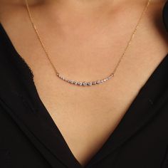 "JSVConcepts Fine Jewelry Diamond Necklace, Curved Bar Diamond Necklace, Wedding Necklace, Bridal Necklace, Wedding Jewelry, Minimalist Necklace, Anniversary Gift ≫ Product Details ◈ Handmade / Handcrafted Fine Jewelry ◈ Diamond: 100% Natural Diamond ◈ Carat Weight: 0.7 ctw. (Total 17 pcs) 1 x 3.1 mm (center diamond) 2 x 2.7 mm 2 x 2.5 mm 2 x 2.3 mm 2 x 1.8 mm 2 x 1.6 mm 2 x 1.5 mm 4 x 1.2 mm ◈ Charm Size: 1 5/8\" ◈ Color: G-H ◈ Clarity: VS2-SI1 ◈ Cut: Brilliant Cut ◈ Metal: Solid 14K Gold (18K Rose Gold Diamond Cut Necklace For Wedding, Elegant Yellow Gold Necklace For Marriage, Fine Jewelry Wedding Necklace With Adjustable Chain, Wedding Fine Jewelry Necklace With Adjustable Chain, Fine Jewelry Necklace With Adjustable Chain For Wedding, Delicate Anniversary Necklace With Elegant Design, Delicate Diamond Necklace With Adjustable Chain For Wedding, Silver Diamond Necklace For Wedding With Delicate Chain, Silver Diamond Necklace With Delicate Chain For Wedding