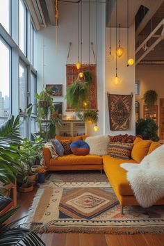 a living room filled with lots of furniture and plants on the wall next to large windows