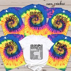 "Funny Family Matching Tie Dye Shirts,Family Nutritional Facts Shirts,Funny Mom Dad Aunt Uncle Grandma Grandpa Shirt,Family Reunion Tshirt Every shirt is unique. However; Tie-Dye shirts are always timeless. So, you are in the right place to add some color to your life. As a 'ColorMix Shirt' team, we prepare all Tie-Dye shirts for you to wear from parties to daily lives. HOW TO ORDER: 1-) Please, check and review all photos and videos. 2-) Choose your product style and color. 3-) See the size cha Matching Custom Print T-shirt For Family Events, Custom Print Short Sleeve T-shirt For Family Outings, Funny Cotton T-shirt For Family, Casual T-shirt With Custom Print For Family Events, Casual Graphic Print Shirt For Family Gatherings, Pre-shrunk Short Sleeve T-shirt For Family Outings, Blue T-shirt With Letter Print For Family Reunion, Cotton Graphic T-shirt For Family Outings, Graphic Print Short Sleeve Shirt For Family Gatherings