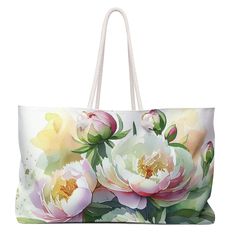 My Oversized Rope Handle Tote is perfect for a day at the beach, a weekend getaway or out on the town. The wide-mouthed, durable bag with my floral watercolor art holds a generous amount of your gear and is easily held by the thick rope handles. * All Over Print * Flat T-Bottom * Cream Colored 27" Rope Handles * Metal Grommets * Cream Sheeting Interior Lining * 24 in wide, 13 in tall, 5 in deep They are individually printed with my watercolor art using the most advanced digital printing technology. Dye-sublimation printing yields vivid and permanent images that are embedded in the fabric, rather than printed on the surface. Made of 100% Spun polyester with a 50% cotton, 50% polyester lining, this tote retains its shape and doesn't wrinkle. Tropical Style Travel Bags For Spring, Tropical Travel Bags For Spring, Summer Travel Bags With Floral Print, Multicolor Floral Print Beach Bag For Travel, Summer Floral Print Travel Bags, Green Floral Print Beach Bag, Multicolor Floral Print Beach Bag, Spring Weekend Beach Bag, Spring Weekend Beach Bag In Summer Style