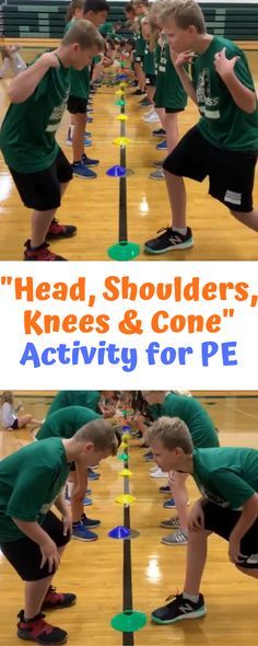 two pictures with the words head, shoulders, knees and cone activity for pe