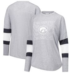 a women's gray long sleeve shirt with black and white stripes on the sleeves