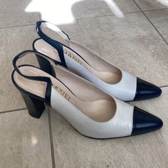 Navy And Beige Leather Never Worn Size 38 Chanel Mules, Navy Pumps, Chanel Heels, Sling Back Pumps, Rare Shoes, Chanel Slingback, Chanel Blue, Flower Heels, Navy Chanel