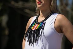 Black Necklace Colorful Bib NecklaceFabric Necklace | Etsy Bohemian Black Beaded Necklaces With Fringe, Bohemian Black Beaded Necklace With Fringe, Bohemian Black Beaded Fringe Necklace, Necklace Fabric, Chevron Jewelry, Necklace Colorful, Cord Jewelry, Chic Necklace, Necklace Beads