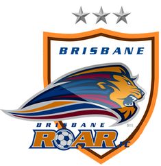 the brisbane roar logo with five stars above it and an orange, blue, and yellow shield