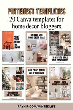 pinterest templates for home decor bloggers with the title pinterest templates 20 canva templates for home decor bloggers