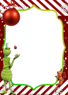 the grinch is holding an ornament in front of a red and white striped frame