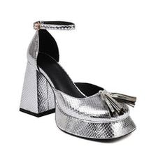 Shiny Platform Heels Ultra-High Heels - Golden Atelier Platform Design, Modern Sandals, Black Platform Heels, Platform Heels Chunky, Silver Heels, Thick Heels, Shoe Size Chart, Chunky Heel, Snake Print