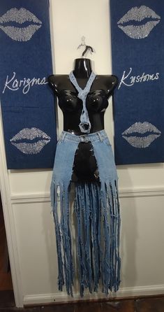 This is a One-of-a-Kind Waistlet Fringe Denim Belt. Stunning Denim Accessory  Comes with coordinating necklace. Just add a cat suit, boots and a pair of denim earrings. Compliments galore 🤩💥 Punk Denim Jeans For Festival, Punk Style Denim Jeans For Festivals, Cutoff Denim Jeans For Festival, Festival Fitted Distressed Jeans, Fitted Distressed Jeans For Festival, Distressed Fitted Jeans For Festivals, Suit Boots, Cat Suit, Denim Earrings