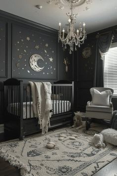 Night Nursery Theme, Alternative Nursery Ideas, Storm Nursery, Celestial Nursery Girl, Celestial Baby Nursery, Cozy Dark Aesthetic, Celestial Nursery Theme, Starry Night Nursery