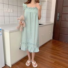 Tavimart Nightgowns Women Plaid Leisure Summer Mid-calf Simple Sweet Ulzzang Sleepwear Student Ins New Arrival Breathable Chic Sleeveless Cute Blue Home Sleepwear, Light Blue Summer Sleepwear For Home, Casual Light Blue Sleepwear For Home, Casual Blue Nightgown For Pajama Party, Blue Casual Dress For Pajama Party, Casual Blue Dress For Pajama Party, Green Nightgown For Sleepover, Light Blue Summer Nightgown For Bedtime, Summer Sleepover Light Blue Nightgown