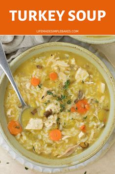 a bowl of turkey soup with carrots and celery