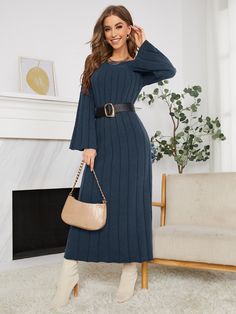 Navy Blue Elegant  Long Sleeve Polyester Plain  Embellished High Stretch Fall/Winter Women Knitwear Bodycon Knit Dress, Woolen Dresses, Eve Outfit, New Years Eve Outfits, Knitted Bodycon Dress, Bell Sleeve Sweater, Sweater Dress Women, Black Women Fashion, Trendy Fashion Women