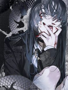 an anime character with black hair and red eyes, holding his hand to his face