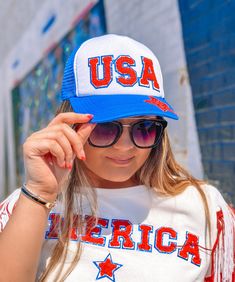 This USA Star Trucker Hat is the perfect way to show your patriotic spirit in style! Featuring chenille and a casual good looking trucker hat, it's perfect for sunny days spent outdoors so that you can stay cool and comfortable all summer long. Show your USA pride and look cute every day with this patriotic hat. Trucker Hat Fashion, Patriotic Hats, Usa Pride, Casual Hat, Pink Stars, Sequin Top, Blue Tshirt, Stay Cool, Hat Fashion