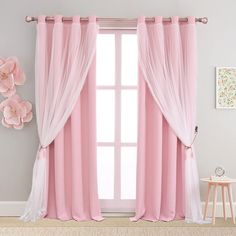 PRICES MAY VARY. PACKAGE INFORMATION: Package includes 2 pieces of double-layer curtains. Each panel has a crushed sheer layer over a blackout curtain measuring 52"W x 84"L with 8 silver grommets(1.7-inch inner diameter)top. UNIQUE DESIGN: Crushed sheer layer with unique lace seam design and covered with one blackout curtain panel features a dreamy and romantic look to liven up any home decor and give you versatile layer options. EXCELLENT FUNCTIONS: The blackout layers of the mix and match curt Windows Curtains Ideas, Double Curtains Living Room, Light Pink Room, Havenly Office, Pink Bedroom Curtains, Baby Pink Curtains, Bedroom Window Curtains, Princess Curtains, Ajmal Khan