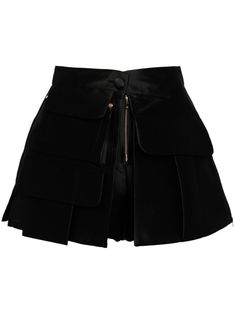 black satin finish pleat detailing mid-rise front zip fastening two front cargo pockets straight hem thigh-length Isabel Sanchis, Png Clothes, Sakura Art, Short Satin, Hi Fashion, Mini Shorts, Fashion Design Clothes, Dope Outfits, Cute Shorts