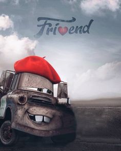 a cartoon car with a red hat on it's head driving down the road