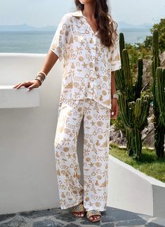 Beach Vacation Matching Set - Sage – SMAIBULUN Summer Floral Print Set With Relaxed Fit, Summer Floral Print Relaxed Fit Set, Vacation Sets With Floral Print And Relaxed Fit, Vacation Floral Print Sets With Relaxed Fit, Floral Print Sets With Relaxed Fit For Vacation, Relaxed Fit Floral Print Sets For Vacation, White Printed Vacation Sets, Summer Printed Relaxed Fit Sleepwear, Summer Printed Sleepwear With Relaxed Fit