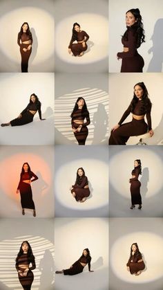 a series of photos showing different poses of a woman with long hair and dark clothing