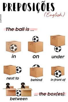 an english poster with soccer balls in boxes and the words prepositions on it