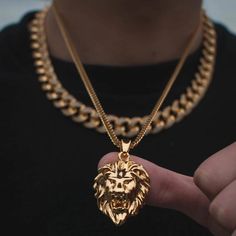 Lion Head Pendant Necklace in Yellow Gold - The Jewelry Plug Lion Pendant Gold, Diamond Cuban Link Chain, Men's Necklace Gold, Gold Pendants For Men, Lion Head Necklace, Gold Necklace For Men, Hip Hop Chains, Mens Silver Jewelry, Lion Necklace