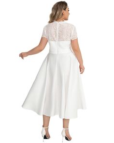 This beautiful vintage-inspired cocktail dress will have you looking and feeling like a million bucks! Its delicate lace cap sleeves, V neckline embellished with eyelet trim, banded waist and pleated midi skirt is the epitome of elegance and sophistication. Get ready to turn heads in this stunning piece! A must-have! Round out your vacation and weekend wardrobe with this plus size dress Ever-Pretty Lace Cap Sleeve V neck Cocktail Dress | White | Dresses | Materials & Care Instructions: ['100% Po Formal Tea-length Dress With Lace Trim, Formal Tea Length Dress With Lace Trim, Short Sleeve Prom Dress With Lace Trim, Prom Dresses With Lace Trim And Short Sleeves, Tea-length Lace Trim Midi Dress For Evening, Cap Sleeve Dress With Lace Bodice, Midi Dress With Fitted Lace Bodice, Knee-length Midi Dress With Lace Trim And Fitted Bodice, Fitted Knee-length Midi Dress With Lace Trim