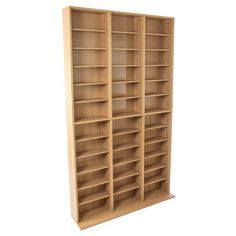 an empty wooden bookcase on a white background