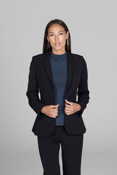 black jacket Sleek Structured Blazer For Semi-formal Occasions, Chic Business Suits With Notch Lapel, Formal Office Lady Blazer With Notch Lapel, Fitted Single Button Suit For Office Lady, Chic Suits With Pressed Crease For Career, Single Button Tuxedo Suit For Work, Fitted Office Lady Blazer For Business, Sleek Structured Blazer For Semi-formal Events, Sleek Structured Semi-formal Blazer