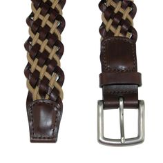 This striking and versatile 38mm braided belt adds a touch of personality and style to any casual or formal outfit. The silver-finish brass buckle stands out against the contrasting Full Grain leather lacing and cotton cord. Handcrafted in the USA with vegetable tanned leather. Made of Cotton and Leather Formal Leather Rope Belt, Classic Leather Rope Belt, Classic Adjustable Rope Belt, Casual Braided Leather Belt, Casual Brown Belt With Brass Buckle, Classic Braided Leather Belt, Casual Leather Rope Belt, Brown Leather Rope Belt, Casual Brown Woven Leather Belt