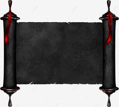 an old black scroll with red ribbon hanging from it's ends and two candles in the middle