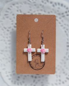 Looking for a gift for a loved one, a friend, or yourself? These pink, sparkly cross earrings are a perfect match! They are lightweight, hypoallergenic, & nickel-free. 🤍 White Cross Jewelry For Valentine's Day, Pink Cross-shaped Jewelry Gift, Pink Cross-shaped Jewelry For Gift, Pink Cross Pendant Jewelry As Gift, Handmade Pink Cross Jewelry, Polymer Clay Cross, Clay Cross, Pink Sparkly, Cross Earrings